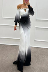 Vestido largo Julieta con escote barco, hombros descubiertos, abertura y detalle de gemas con estampado degradado